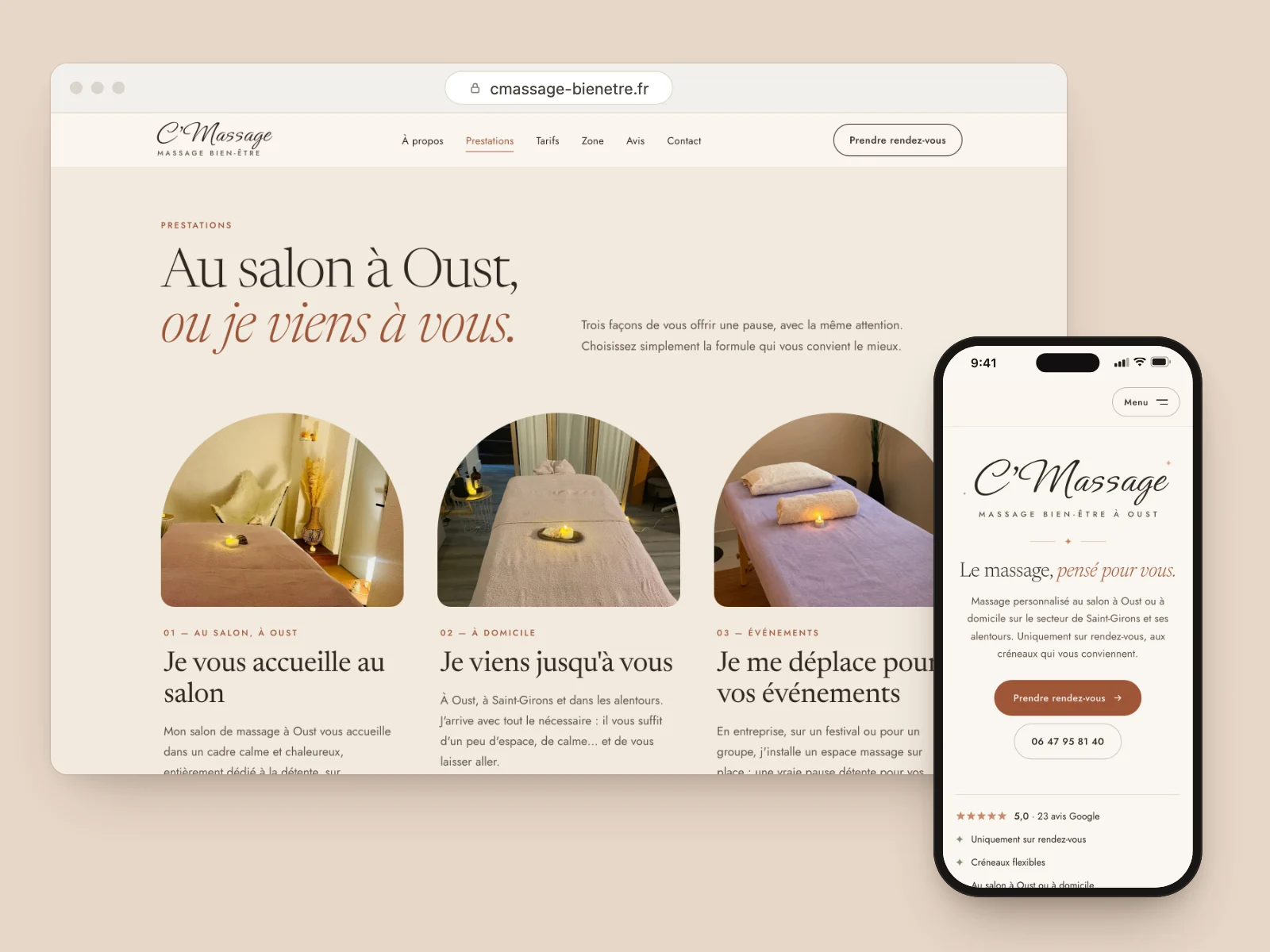 Site de C’Massage, massage bien-être à Oust, sur ordinateur et sur téléphone